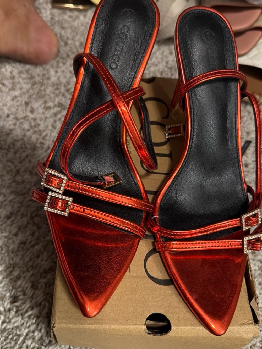 Red Metallic Pointed-Toe Strappy Mules